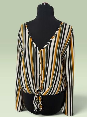 Striped Button-Front Tie Hem Blouse in Mustard, Black & White